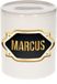 Bellatio Decorations Marcus Spaarpot - wit - met goud/zwart embleem - 8 x 9 cm - keramiek - met afsluitdop - cadeau verjaardag