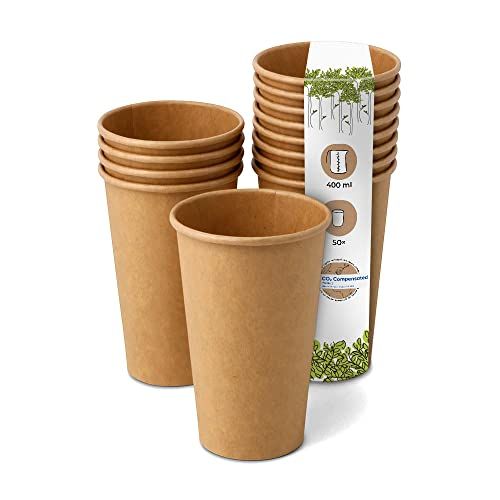 GREENBOX 50x 400ml Brown Paper Cups | Ø 90mm | Eco-Friendly, Recyclable & Unbleached | Coffee Cup To Go