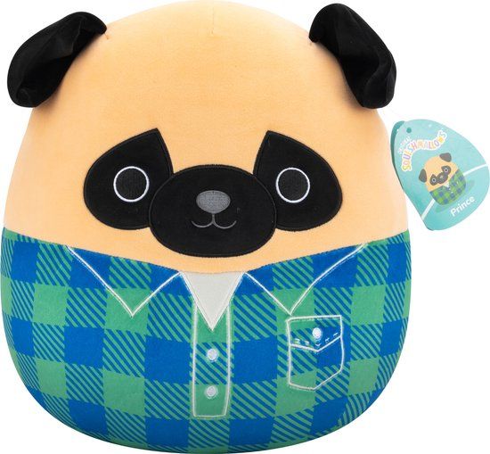 Squishmallows Prince Brown Pug in Green and Blue Flannel Shirt 30cm Pluche