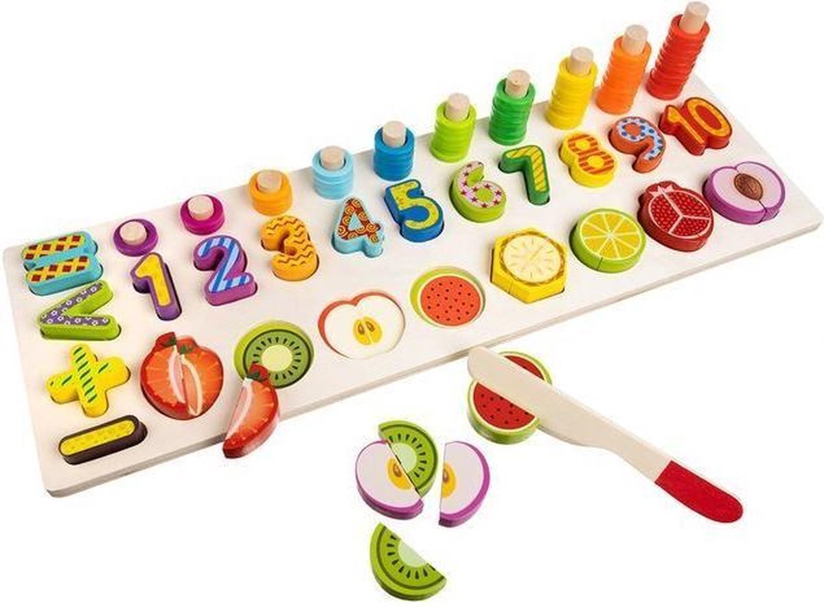 Ariko Educatief Houten 4-in-1 Cijfer en fruit Puzzel + Getallen Rekenpuzzel + Vormenpuzzel + Kleuren – Tellen en stapelen – Early Education Toy