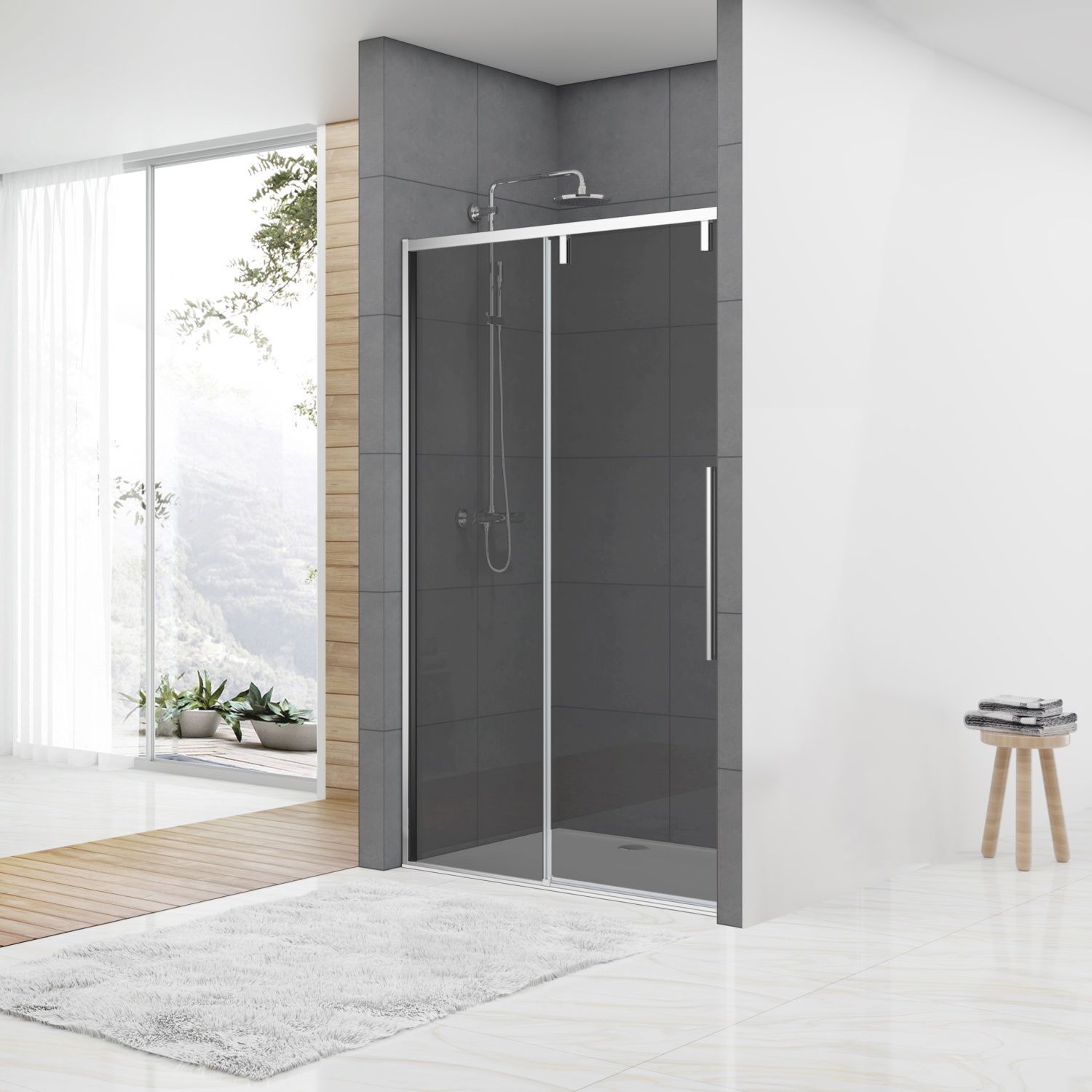 van Rijn Nisdeur ST06 Schuifdeur met Vaste Wand Rookglas 140x200 cm 8 mm Soft Close Chroom