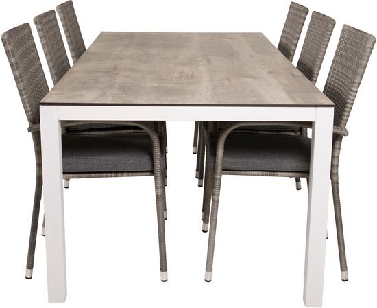 Hioshop Llama tuinmeubelset tafel 100x205cm en 6 stoel Anna grijs, gebroken wit.