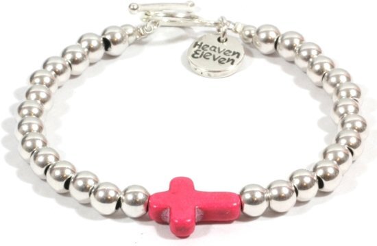 Heaven Eleven dames Armband RVS kralen - pink kruisje