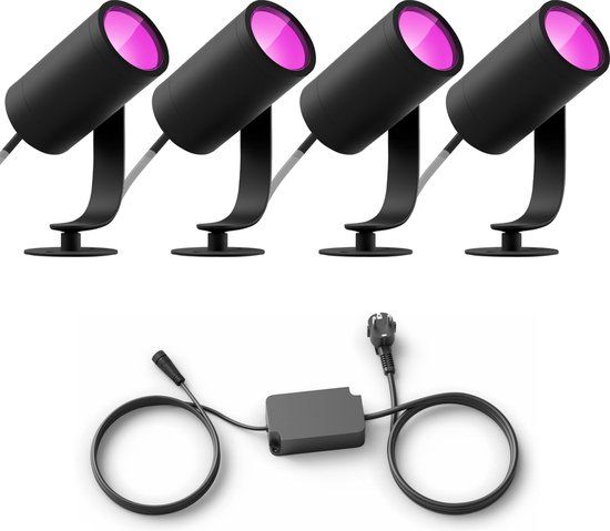 Philips Hue Lily Basisset Voordeelpakket van 4 Tuinspots (Antraciet) - Wit en Gekleurd Licht - Incl. 1 Voedingskabel - Tuinverlichting - Hue White and Color Ambiance