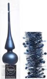 Decoris Décoration de Noël étoile en verre mat 26 cm - 2 guirlandes en aluminium 270 cm - bleu foncé