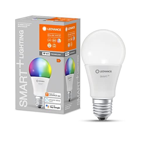 Ledvance Slimme LED-lamp met WiFi-technologie, E27-basis, dimbaar, lichtkleur instelbaar (2700-6500K), RGB-kleuren instelbaar, vervangt gloeilampen van 60 W, SMART+ WiFi Classic Multicolour, 4-pak