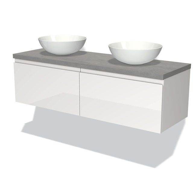 Maxaro Badkamermeubel Modulo Plato 140cm Hoogglans Wit 2 Lades Greeploos Lichtgrijs Beton