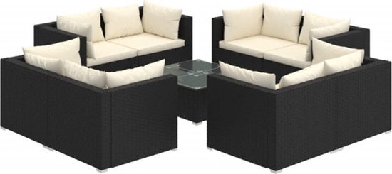 vidaXL 9-delige Loungeset met kussens poly rattan zwart