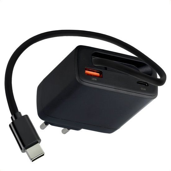 imoshion GaN Oplader met uittrekbare USB-C kabel 65W - USB-A + USB-C - Zwart