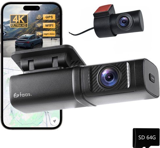 Faas Dashcam - 4K HD - 64GB - Dual Dashcam - Voor en Achter Camera - G-Sensor - Timelapse Functie