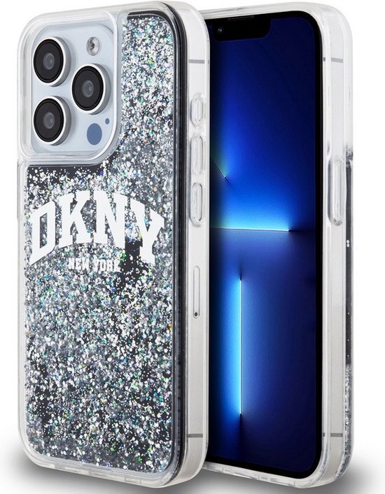 DKNY Liquid Glitter Arch Logo Back Case - Geschikt voor Apple iPhone 15 Pro (6.1") - Zwart/Zilver