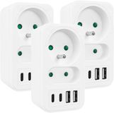 Maclean MCE249 F/W - Set van 3 stuks Stekker -stroomaansluiting x2 + 4xUSB, splitter met 2 aansluitingen, 2xUSB A, 2xUSB C PD 20W, 1x16A + 1x6A - Wit