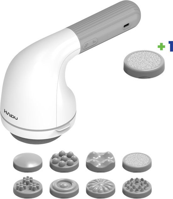 HAIDU Deep Relief Massager + 1 Scrub Opzetstuk – Cellulite Massage Apparaat – Lymfedrainageapparaat – Geschikt voor Hoofd, Rug, Schouders, Armen, Buik, Benen en Voeten – Draadloos en Oplaadbaar - Cellulitis Apparaat - Wit