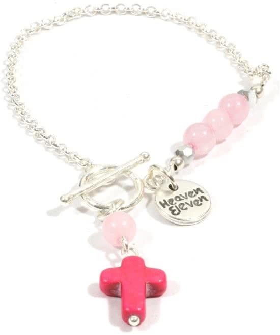 Heaven Eleven - dames armband - Ibiza - zilverkleurige plating schakel 2mm - natuursteen - Rozenkwarts - pink kruisje- 18cm voor andere maten zie omschrijving