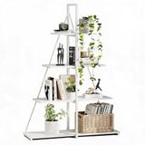 GarveeTech Bibliothèque, échelle, 4 niveaux, étagère d'angle, peu encombrant, structure métallique, rangement et présentoir pour livres, plantes, décoration pour la maison/le bureau, fer blanc + panneau en bois blanc