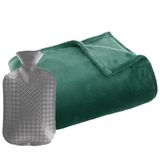 Atmosphera Fleece deken/plaid groen 125 x 150 cm en een warmwater kruik 2 liter