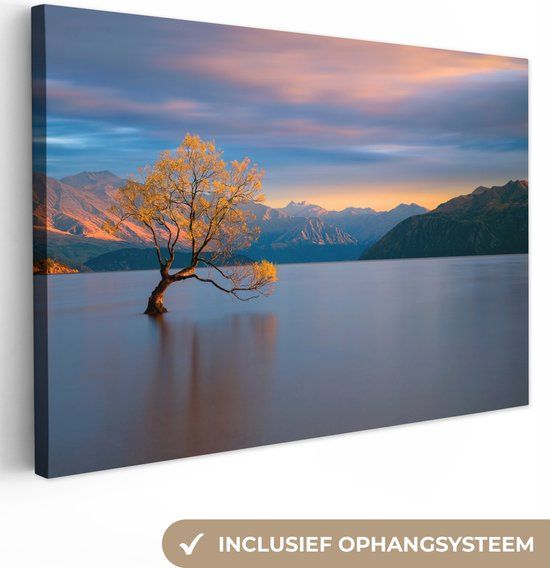 OneMillionCanvasses Canvas Wanddecoratie - Landschap - Water Boom Bergen - 60x40 cm - Multicolor