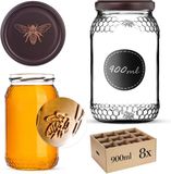 KADAX Glazen pot Lierde 900ml 82mm 8 stuks + deksels "Bruine bij"