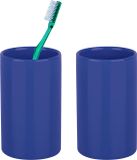 Spirella Badkamer drinkbeker/tandenborstelhouder Sienna - 2x - porselein - glans blauw - 7 x 11 cm
