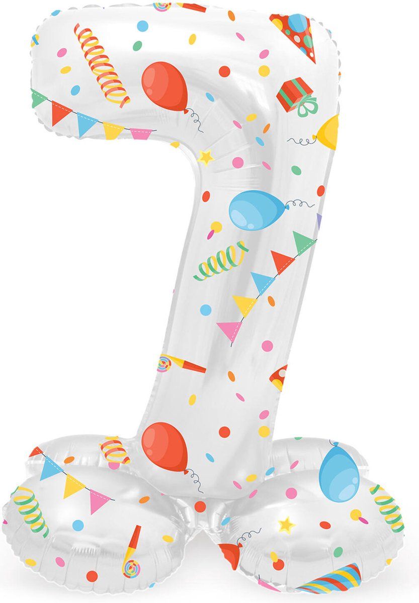 Folat Joyful 64767 Luchtballon, verjaardag, staand cijfer 7, wit, met geschenken en decoratie, 41 cm
