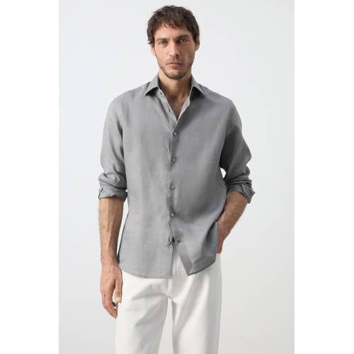 Mango Man linnen slim fit overhemd - antraciet
