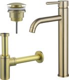 Fortifura Calvi Wastafelkraanset - Verhoogde wastafelkraan - Klikwaste plug - Design sifon - PVD - Geborsteld messing (goud)