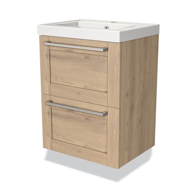 Maxaro Badkamermeubel 50cm Modulo Slim Lichtbruin Eiken 2 Lades Kader Wastafel Mineraalmarmer