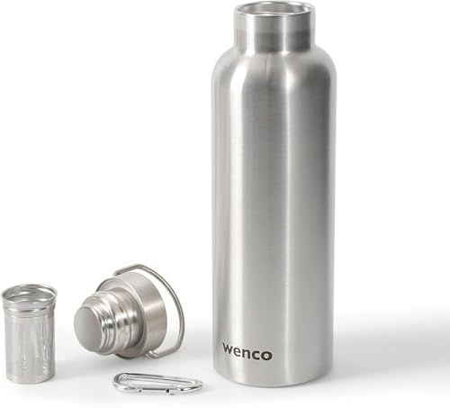 Wenco Drinkfles Roestvrij Staal 0,75 L / 750 Ml Geïsoleerd en Lekvrij voor Koude en Warme Dranken ook als Thermoskan te Gebruiken – met Theezeef – Vaatwasmachinebestendig BPA-vrij – Zilver