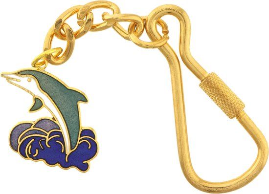 Behave® Sleutelhanger dolfijn goud kleur groen wit emaille 11 cm