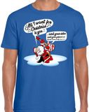 Bellatio Decorations Fout Kerst shirt / t-shirt - Zingende kerstman met gitaar / All I Want For Christmas - blauw voor heren - kerstkleding / kerst outfit M