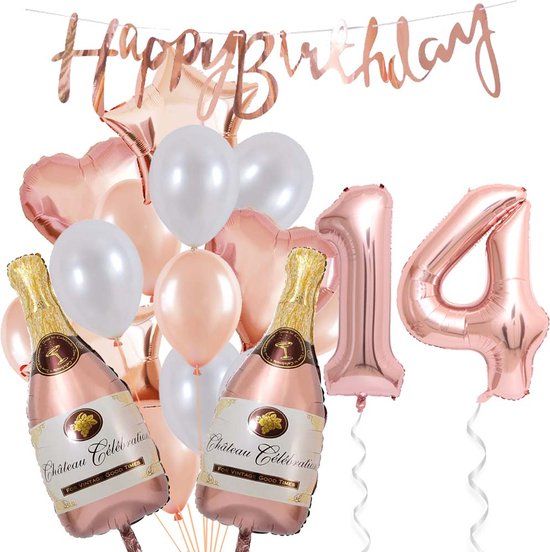 Snoes 14 Jaar Verjaardag Cijferballon 14 - Rose Gold Ballonnen Pakket - 18 Stuks