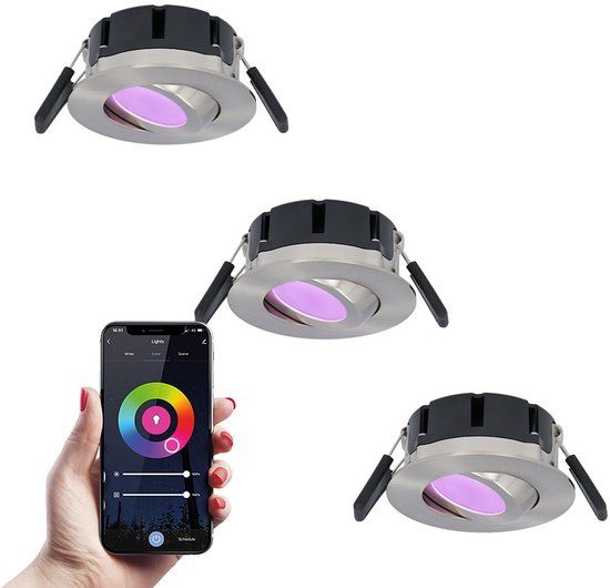 Hoftronic Smart 3x Napels Smart Inbouwspot LED RVS RGBWW IP65 Kantelbaar WiFi Bluetooth 8W 600lm 2700-6000K 230V