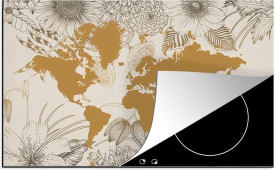 KitchenYeah® Inductie beschermer 77x51 cm - Wereldkaart - Goud - Bloemen - Inductiebeschermer