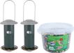 Merkloos / Sans marque Shoppartners Bv 2x stuks metalen vogel voedersilos groen aan hanger 23 cm met 4-seizoenen vogel strooivoer 2,5 kg