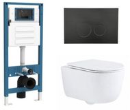 QeramiQ Dely Swirl Toiletset - inbouwreservoir Qeramiq Flush - slim zitting - metaal mat zwarte bedieningsplaat - ronde knoppen - glans wit