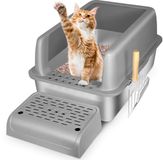 BeiJingLiangPinJiaZuoKeJiWenHuaFaZhanYouXianGongSi Chat - Acier inoxydable - Grand design fermé avec bords hauts - Anti-fuite et facile à nettoyer - Incluant pelle à chat et pédale - 60x40x30cm