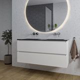 Saniclass Chaci Badkamermeubelset - 120x46x55cm - keramische wastafel zwart - 2 wasbakken - zonder kraangaten - 2 lades - ronde spiegel met verlichting - mat wit