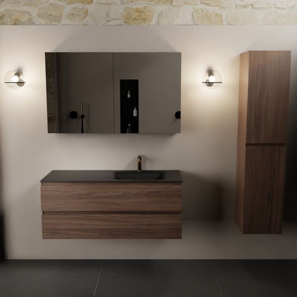 Mondiaz Aivy badmeubelset - 120x45x50cm - 1 kraangat - 1 wasbak urban Solid surface - Rechts - 2 lades - Met spiegelkast - Melamine Mocha AIVY80363