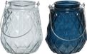 Decoris Set van 2x stuks theelichthouders/waxinelichthouders ruitjes glas ijsblauw en donkerblauw met metalen handvat 11 x 13 cm