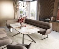 Taya-Flex Banc de salle à manger 285x190 cm tissu structuré doux taupe châssis à patins plat acier inoxydable ressort ensaché liens