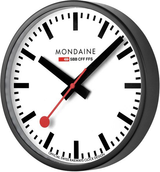 Mondaine Officiële Zwitserse stationsklok, wandklok Ø 25 cm, kwartsuurwerk, zwart aluminium frame, gehard mineraalglas, designklassieker, A990.Clock.12SBB