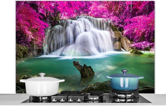 KitchenYeah Spatscherm keuken 120x80 cm - Kookplaat achterwand Waterval - Roze - Bomen - Muurbeschermer - Spatwand fornuis - Hoogwaardig aluminium