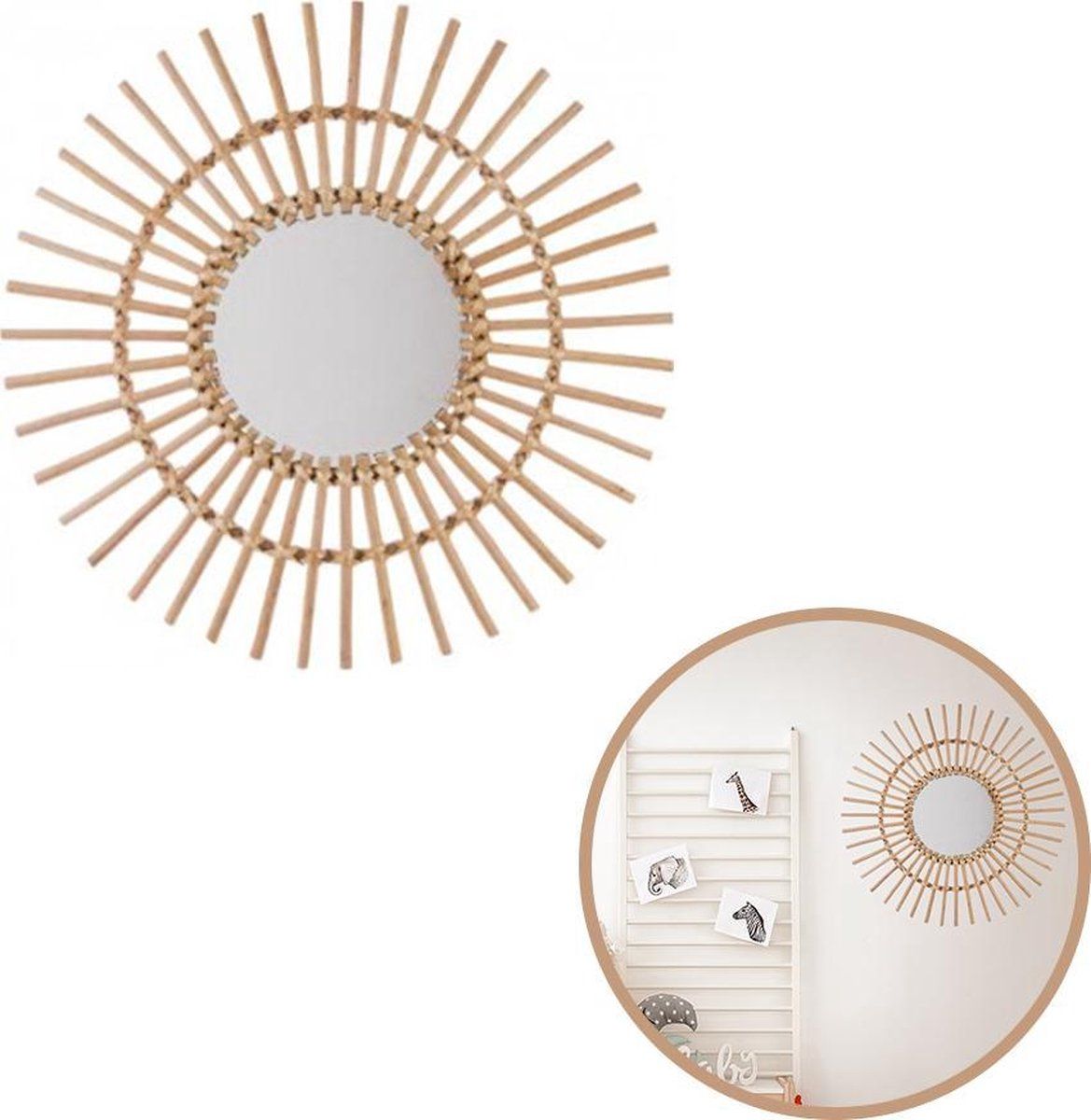Sphera SUN Wandspiegel - Ø 58 cm - Gevlochten Frame - Bruin