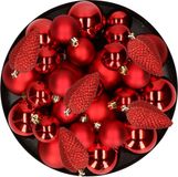 Decoris Kerstballen rood - kunststof - 6-8-10 cm - 50 stuks - mix mat en glans - met ophangdraadjes - kerstboomversiering