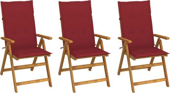 vidaXL Set van 3 Klapstoelen met Kussens, Massief Acaciahout, Wijnrood