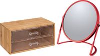 5Five Make-up organizer en spiegel set - 2 lades - bamboe/kunststof - 5x zoom spiegel