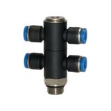 Riegler T-meervoudige verdeler »Blaue serie«, 4-voudig, draaibaar, G 1/4 a., voor slot-buiten-Ø 6 mm, werkdr. Maximale 15 bar, kunststof/MS vern.