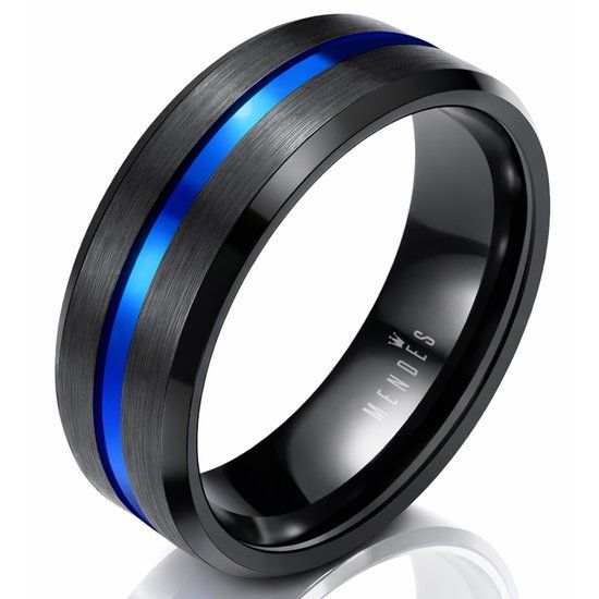 Mendes Jewelry Wolfraam heren ring Zwart met Blauw 8mm-22mm