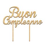 Buon Compleanno gouden houten taarttopper 18 x 16 cm.