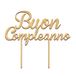 Buon Compleanno gouden houten taarttopper 18 x 16 cm.